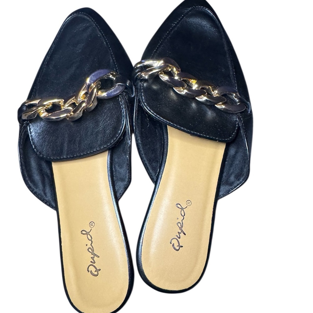Qupid Black Mules with Gold Chain Accent Size 7 - Picture 3 of 8